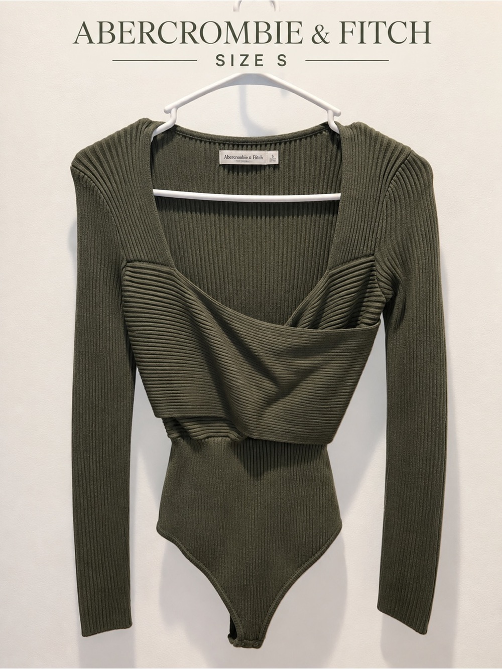 Abercrombie & Fitch Olive Ribbed Square-Neck Long-Sleeve Bodysuit
